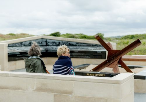 Visitors discovering Omaha Beach from a scenic viewpoint during a guided Normandy tour.